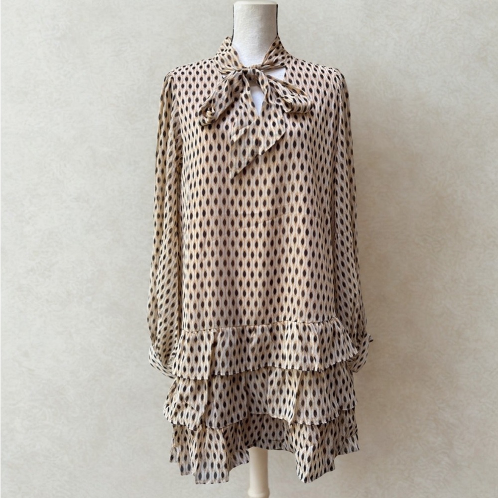 NWT Ruffle Tie Neck Dress in Cream & Gold
